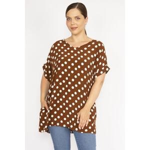 Şans Women's Brown Plus Size Woven Viscose Fabric Point Patterned Double Sleeve Side Pocket Blouse