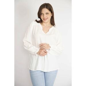 Şans Women's Bone Plus Size Nopeli Fabric Collar Frilly Sleeve Elastic Blouse