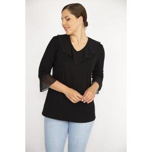 Şans Women's Plus Size Black Collar And Sleeve Chiffon Detail Capri Sleeve Blouse
