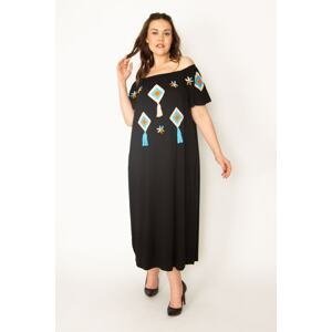 Şans Women's Plus Size Black Viscose Dress With Embroidery Detailed Collar, Elastic And Side Pockets