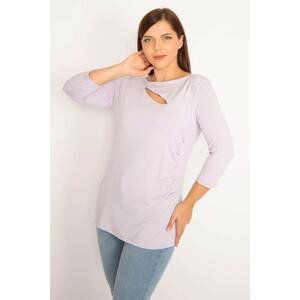 Şans Women's Plus Size Lilac Collar Blouse With Stones And Side Shims Detail