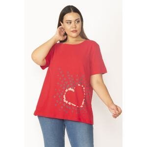 Şans Women's Plus Size Red Cotton Fabric Crewneck Printed Blouse