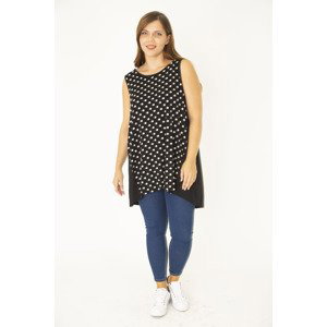 Şans Women's Plus Size Black Sleeveless Long Blouse with Side Cups and a Point Pattern Front