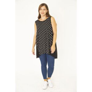 Şans Women's Plus Size Black Sleeveless Long Blouse with Side Cups and a Point Pattern Front