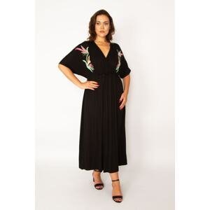 Şans Women's Plus Size Black Wrapover Collar Dress With Elastic Waist And Embroidery Detail