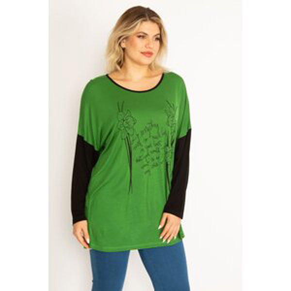 Şans Women's Plus Size Green Front Printed Two-tone Tunic