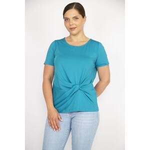 Şans Women's Turquoise Plus Size Front Gathered Detailed Crew Neck Short Sleeve Blouse