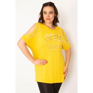 Şans Women's Plus Size Yellow Back And Stone Detailed Decollete Decollete Blouse