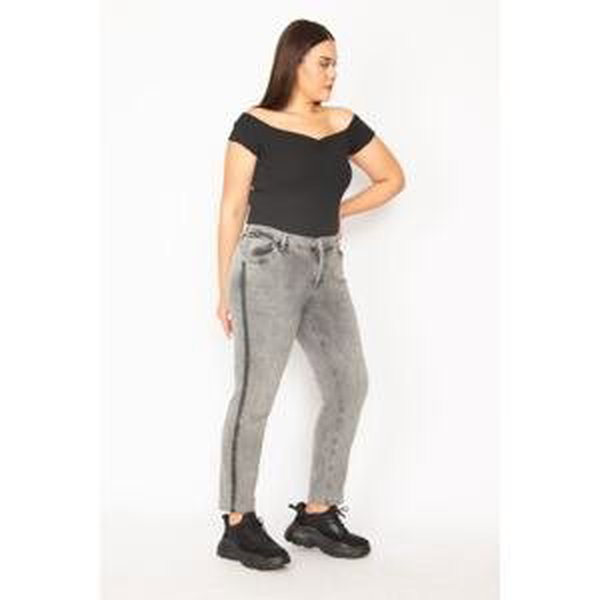 Şans Women's Plus Size Smoked Washed Effect 5-Pocket Jeans Trousers