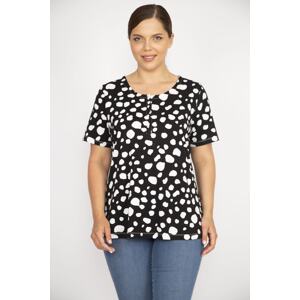 Şans Women's Black Plus Size Cotton Fabric Front Pat Button Short Sleeve Patterned Blouse