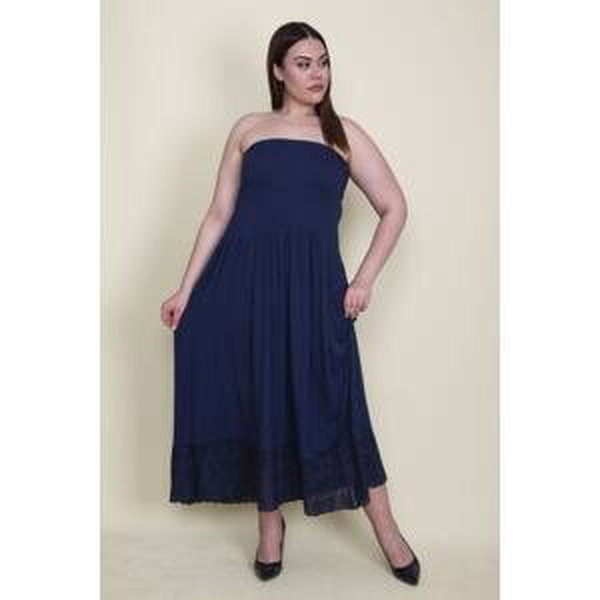 Şans Women's Plus Size Navy Blue Hem Lace Chest Part Gimped Elastic Elastic Dress