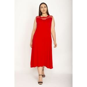 Şans Women's Plus Size Red Collar Lace Detail Long Viscose Dress