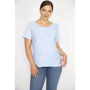 Şans Women's Blue Large Size Cotton Fabric Short Sleeve Blouse with Front Seam Detail