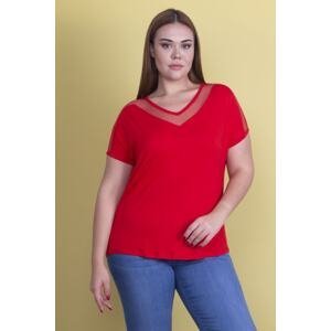 Şans Women's Plus Size Red Viscose Blouse With Collar And Sleeves And Tulle Detail