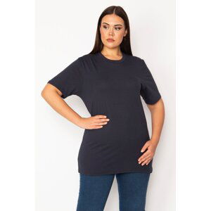 Şans Women's Plus Size Navy Blue Crew Neck Basic Blouse