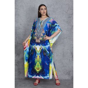 Şans Women's Plus Size Colorful Dress With Sleeves And Collar Detailed