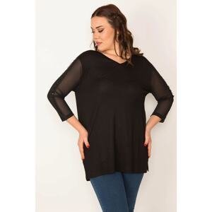 Şans Women's Plus Size Black Sleeves Tulle and Sequin Detailed V-Neck Blouse