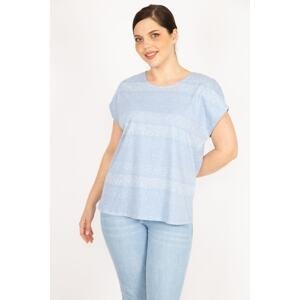 Şans Women's Baby Blue Large Size Cotton Fabric Low Sleeve Patterned Blouse