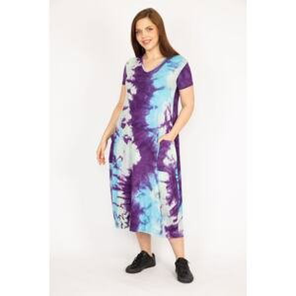Şans Women's Purple Plus Size Tie Dye Pattern V Neck Pocketed Dress