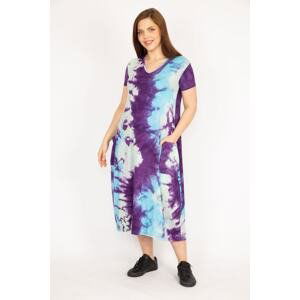 Şans Women's Purple Plus Size Tie Dye Pattern V Neck Pocketed Dress