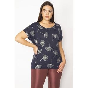 Şans Women's Plus Size Navy Blue Crew Neck Lacquer Printed Double Sleeve Blouse