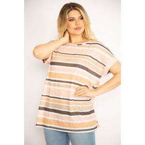 Şans Women's Plus Size Powder Low-Sleeve Striped Blouse