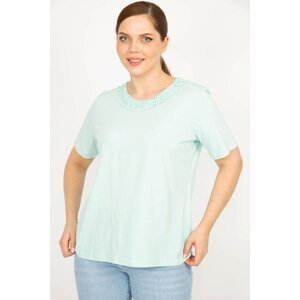 Şans Women's Green Large Size Cotton Fabric Lace Detailed Blouse