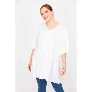 Şans Women's White Plus Size Front A Pleated V-Neck Long Blouse