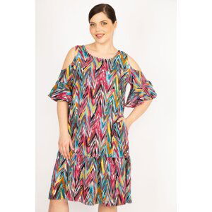 Şans Women's Colorful Large Size Off-Shoulder Woven Viscose Fabric Side Pocket Dress