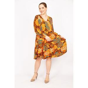 Şans Women's Orange Plus Size Woven Viscose Fabric V-neck Layered Dress