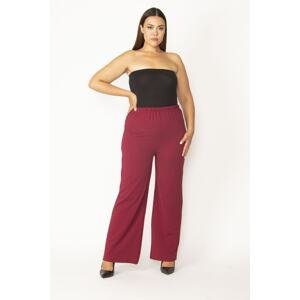 Şans Women's Large Size Burgundy Self-Striped Fabric Waist Elastic Tube Leg Trousers