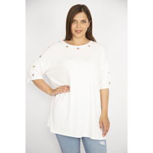 Şans Women's Plus Size Bone Collar and Sleeve Eyelet Detailed Side Slit Blouse