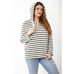 Şans Women's Plus Size Green Hooded Striped Blouse with Adjustable Sleeve Length