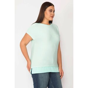 Şans Women's Plus Size Green Crepe Low-Sleeved Blouse With Stripes, See-Frame Hemline