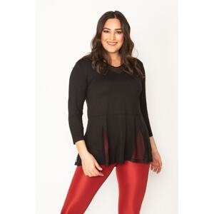 Şans Women's Plus Size Black Viscose Blouse With Lace Detailed Collar And Hem