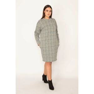 Şans Women's Plus Size Gray Plaid Patterned Crew Neck Side Pockets Dress