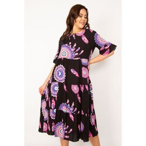Şans Women's Plus Size Colorful Woven Viscose Fabric Collar Lace-Up Tiered Dress