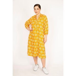 Şans Women's Yellow Plus Size Front Pat Buttoned Woven Viscose Fabric Dress