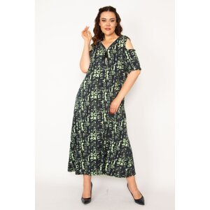 Şans Women's Plus Size Green Decollete Decollete Front Button Zipper Detail Long Dress