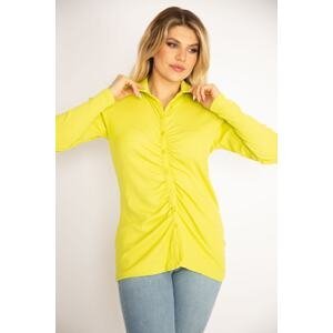 Şans Women's Plus Size Green Lycra Blouse with Front Buttons and Drawstring