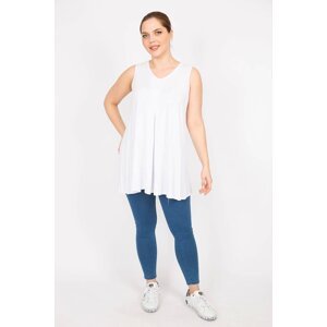 Şans Women's White Plus Size Front A Pleated V-Neck Long Blouse