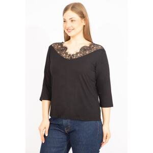 Şans Women's Black Plus Size Lace Detailed Blouse