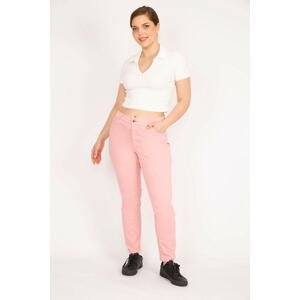 Şans Women's Pink Plus Size Waist Side Elastic Lycra 5-Pocket Trousers