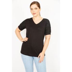 Şans Women's Black Plus Size Silvery Flocked Sleeves V-Neck Blouse