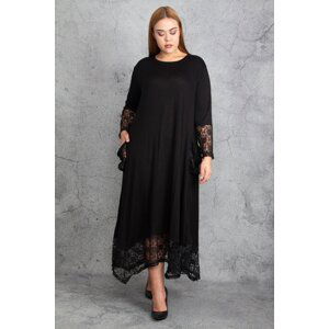 Şans Women's Plus Size Black Lace Detailed Viscose Long Sleeve Dress