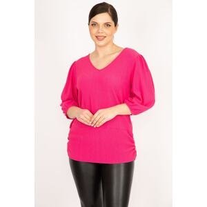 Şans Women's Pink Plus Size Crescent Fabric V Neck Hem Tape Capri Sleeve Tunic