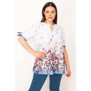 Şans Women's Plus Size Blue Collar And Lace-Up Sleeve Blouse