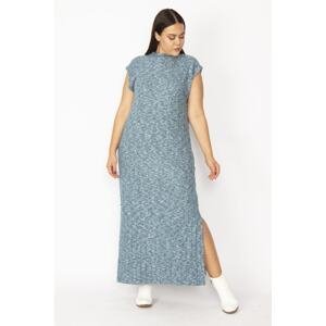 Şans Women's Plus Size Blue Stand-Up Collar Lycra Dress with Side Slits