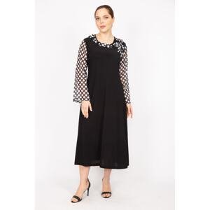 Şans Women's Black Plus Size Dress with Chiffon Collar Detailed with Sleeves