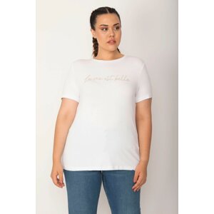 Şans Women's Plus Size White Crew Neck Blouse with Stones Detailed in the Front